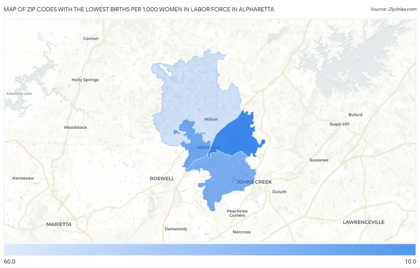 Zip Codes with the Lowest Births per 1,000 Women in Labor Force in Alpharetta Map