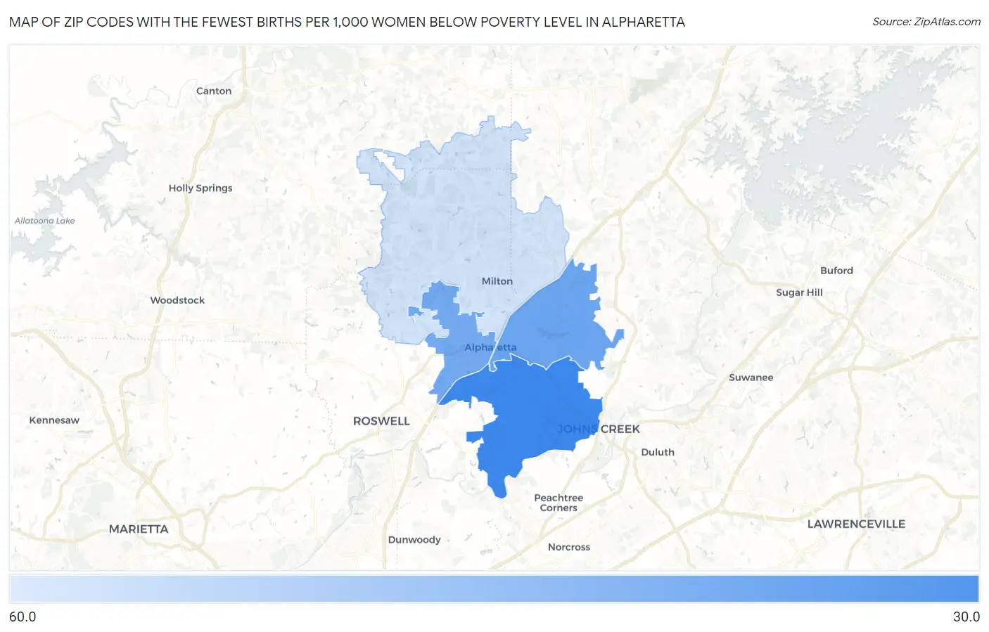Zip Codes with the Fewest Births per 1,000 Women Below Poverty Level in Alpharetta Map