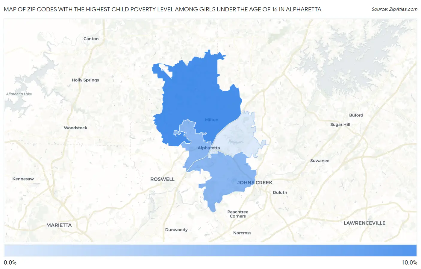 Zip Codes with the Highest Child Poverty Level Among Girls Under the Age of 16 in Alpharetta Map