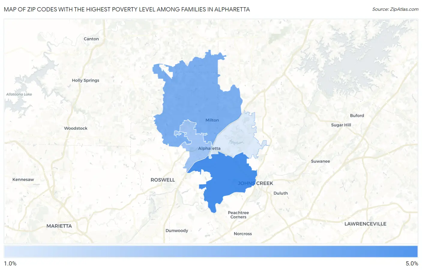 Zip Codes with the Highest Poverty Level Among Families in Alpharetta Map