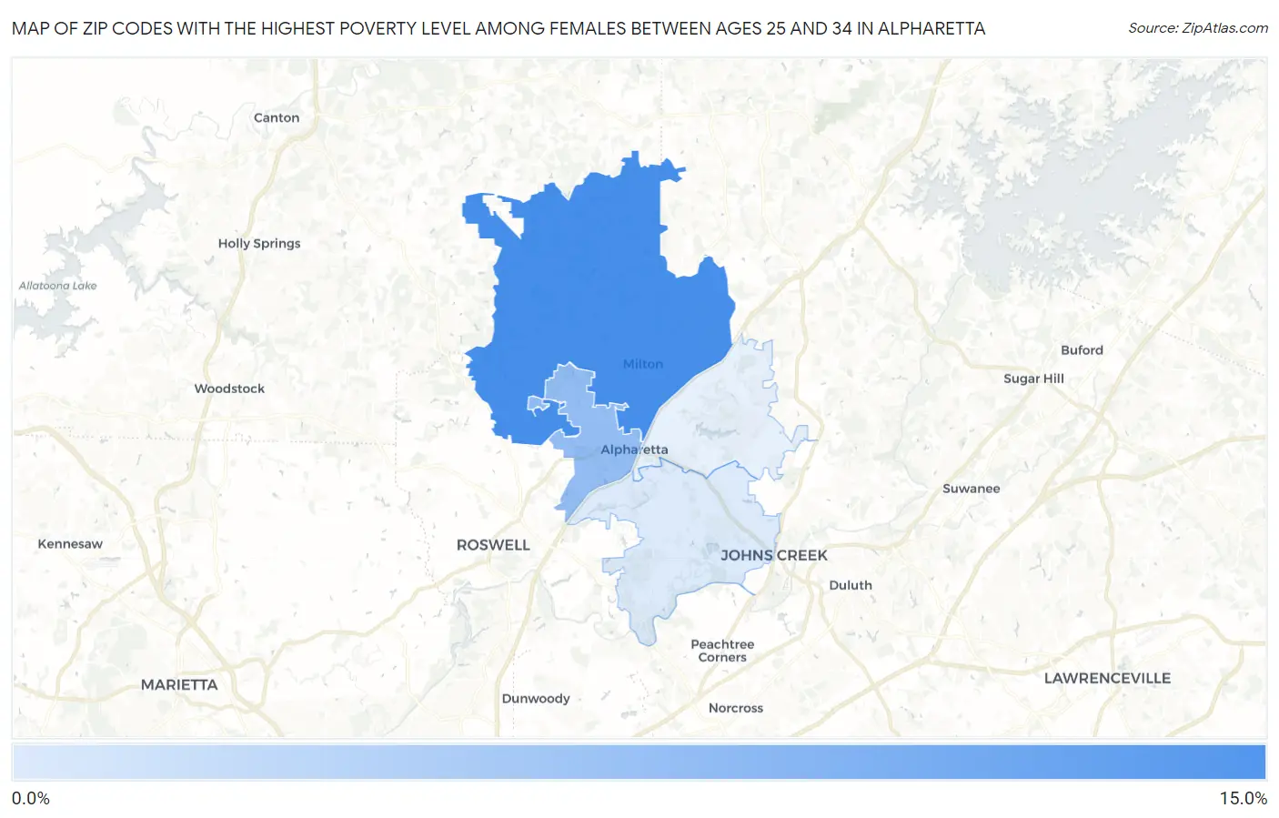 Zip Codes with the Highest Poverty Level Among Females Between Ages 25 and 34 in Alpharetta Map