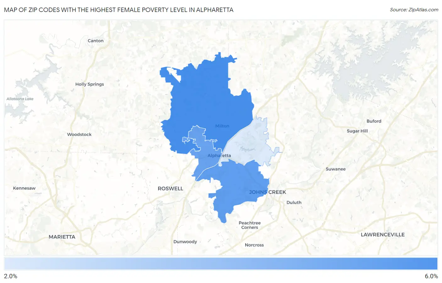 Zip Codes with the Highest Female Poverty Level in Alpharetta Map