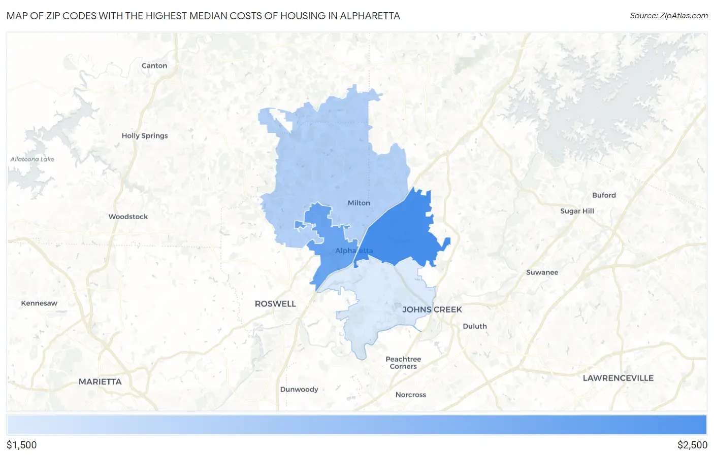Zip Codes with the Highest Median Costs of Housing in Alpharetta Map