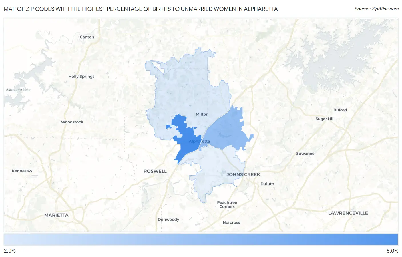 Zip Codes with the Highest Percentage of Births to Unmarried Women in Alpharetta Map