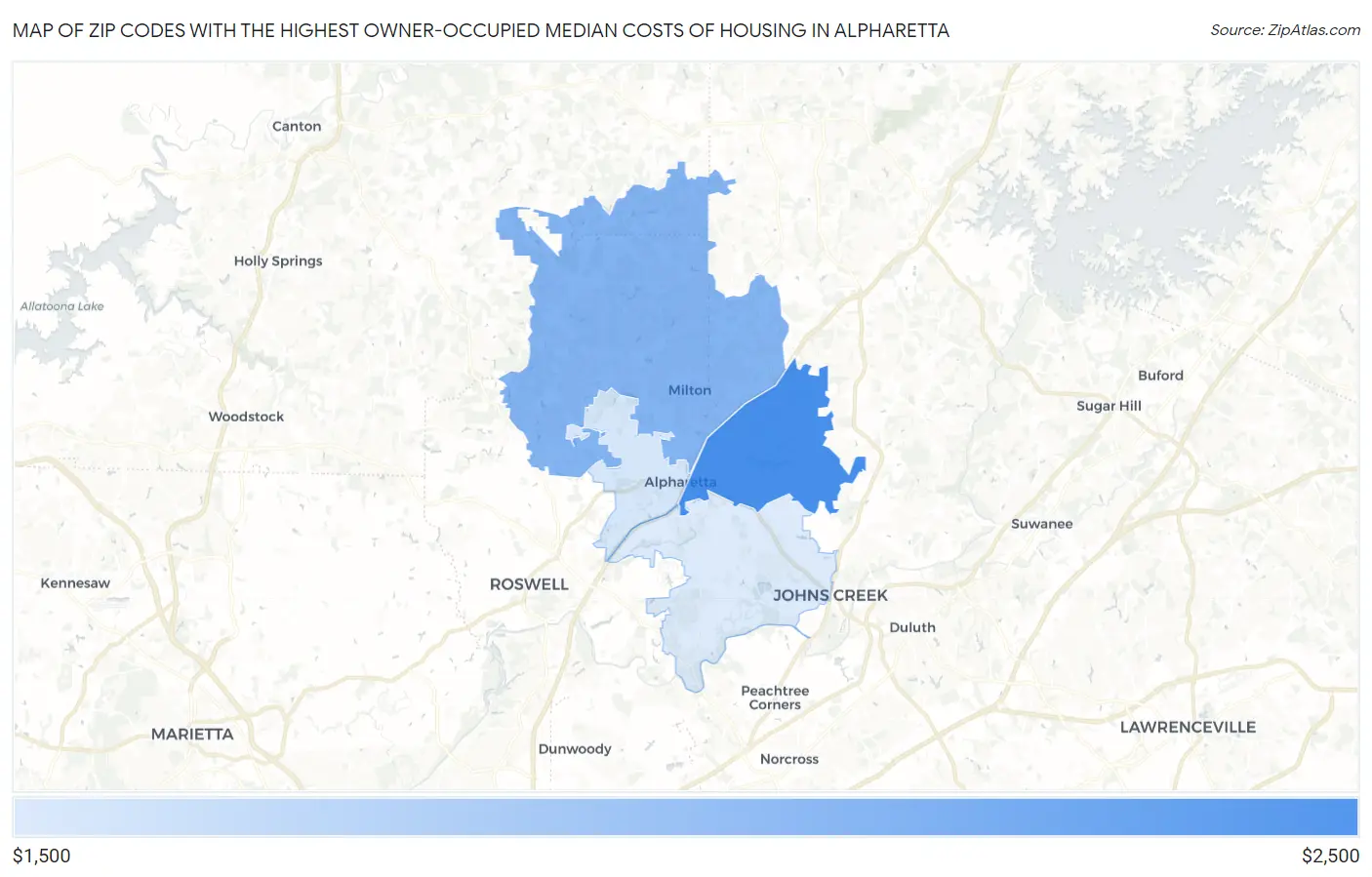 Zip Codes with the Highest Owner-Occupied Median Costs of Housing in Alpharetta Map