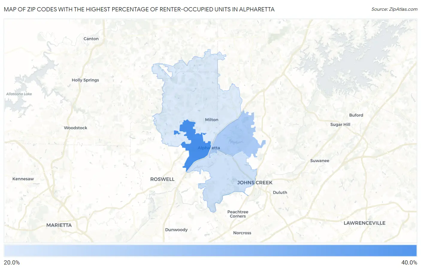 Zip Codes with the Highest Percentage of Renter-Occupied Units in Alpharetta Map
