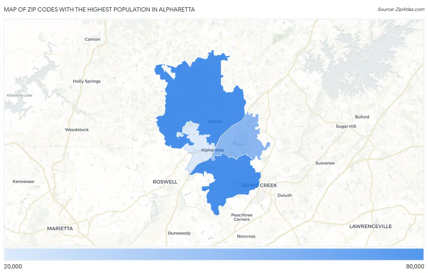 Zip Codes with the Highest Population in Alpharetta Map