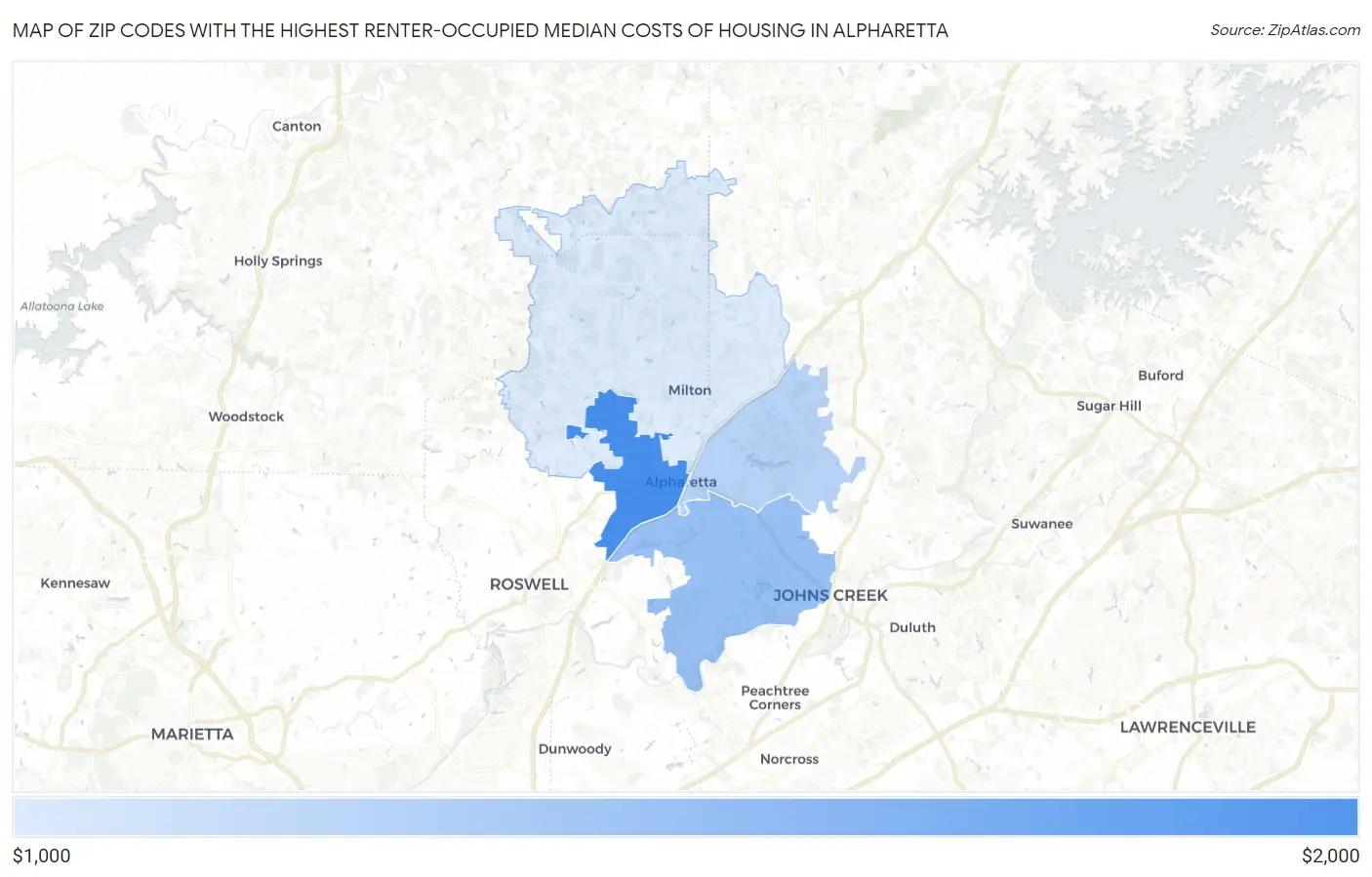 Zip Codes with the Highest Renter-Occupied Median Costs of Housing in Alpharetta Map