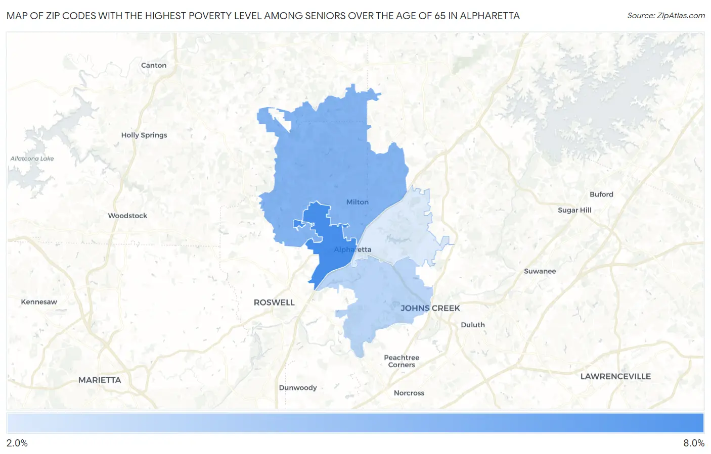 Zip Codes with the Highest Poverty Level Among Seniors Over the Age of 65 in Alpharetta Map