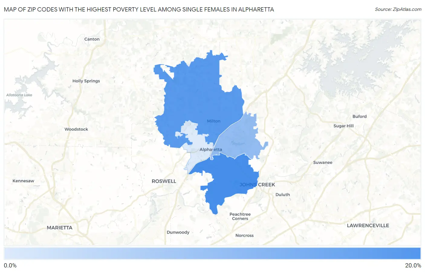 Zip Codes with the Highest Poverty Level Among Single Females in Alpharetta Map