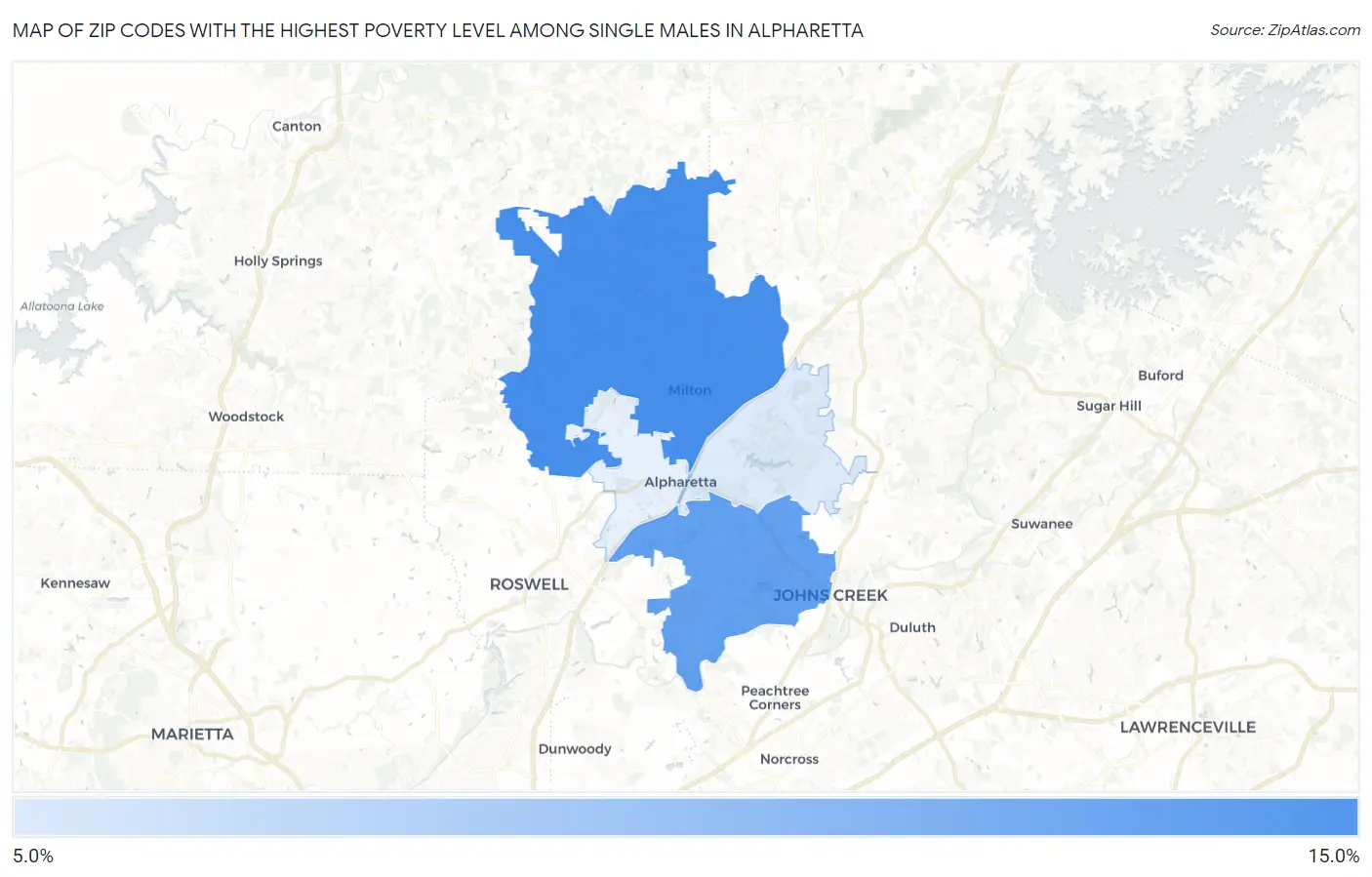 Zip Codes with the Highest Poverty Level Among Single Males in Alpharetta Map
