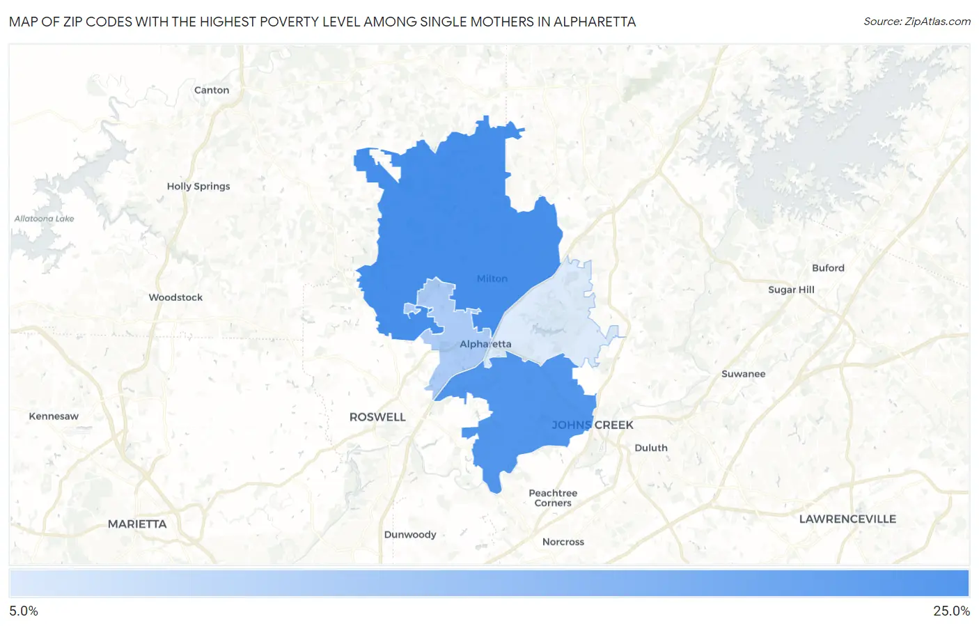 Zip Codes with the Highest Poverty Level Among Single Mothers in Alpharetta Map