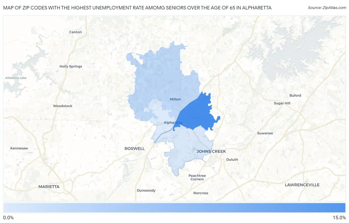 Zip Codes with the Highest Unemployment Rate Amomg Seniors Over the Age of 65 in Alpharetta Map