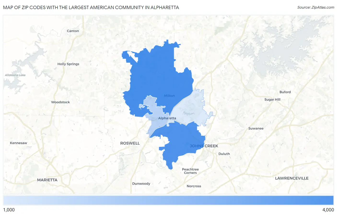 Zip Codes with the Largest American Community in Alpharetta Map