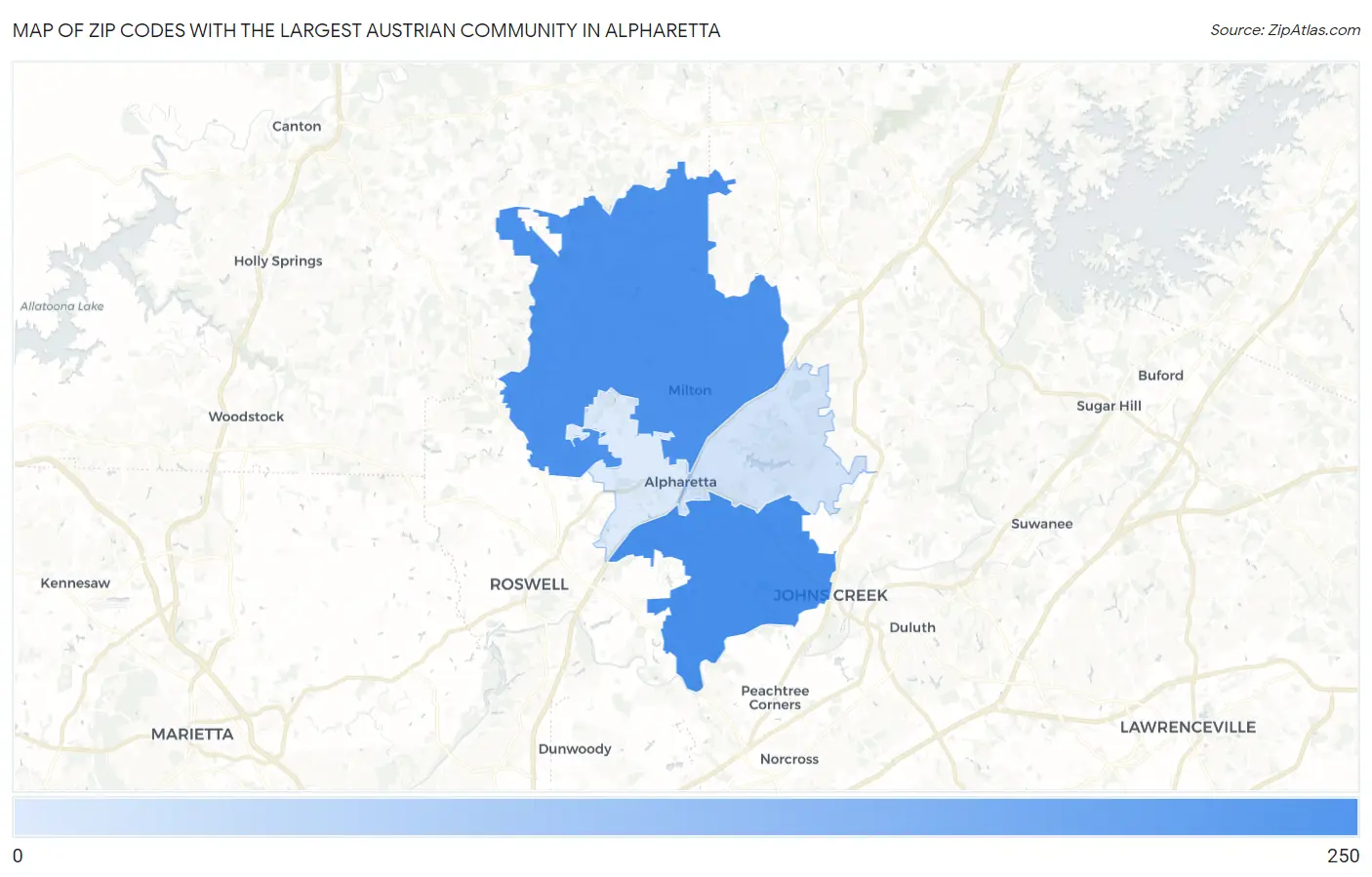 Zip Codes with the Largest Austrian Community in Alpharetta Map