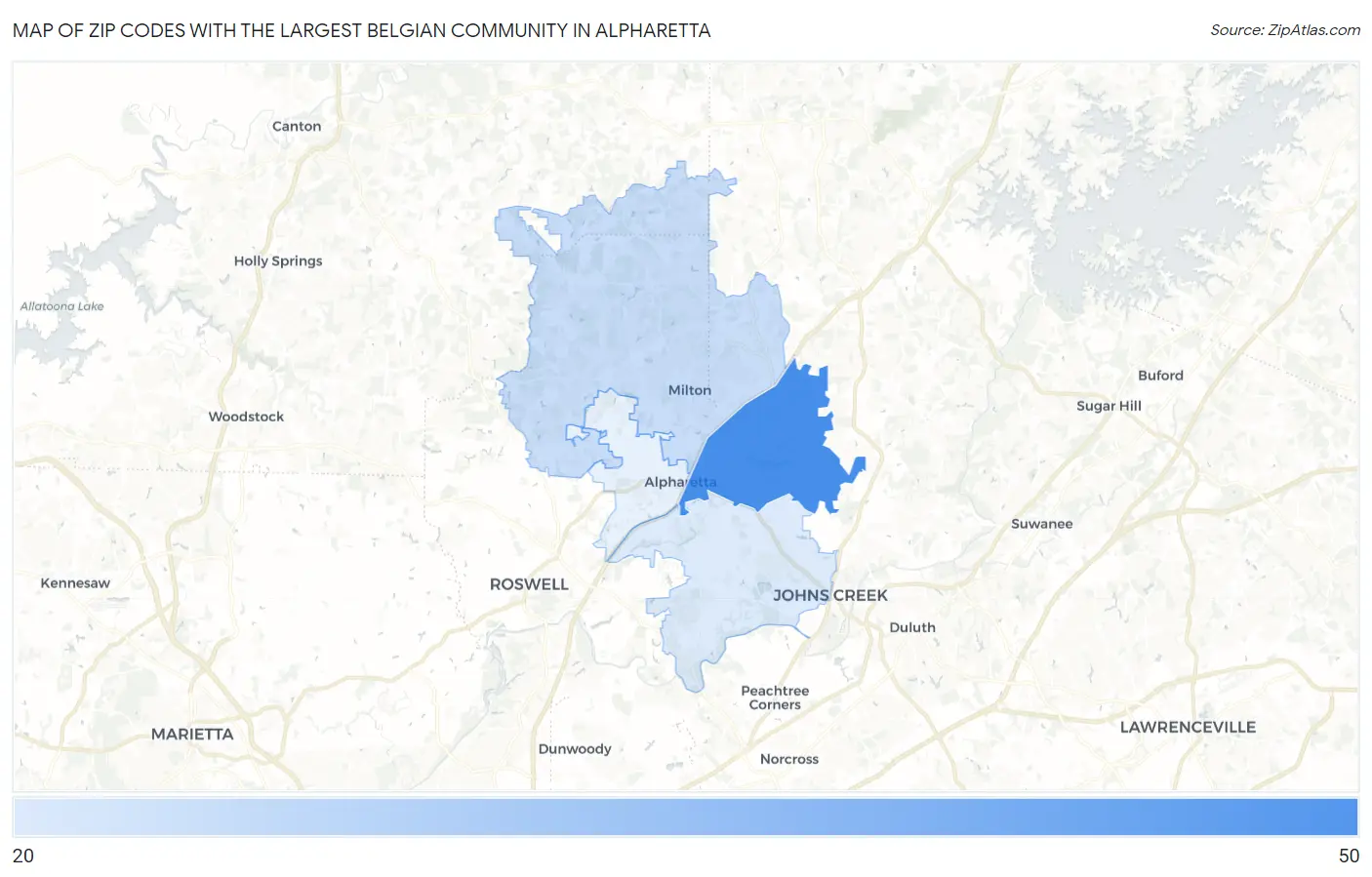 Zip Codes with the Largest Belgian Community in Alpharetta Map