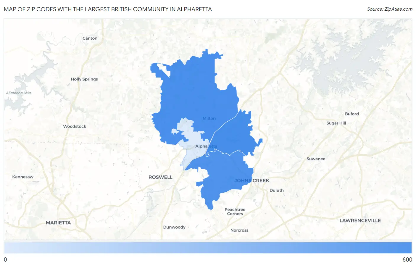 Zip Codes with the Largest British Community in Alpharetta Map