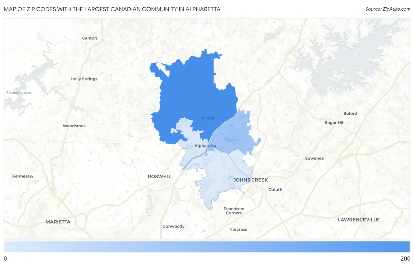 Zip Codes with the Largest Canadian Community in Alpharetta Map