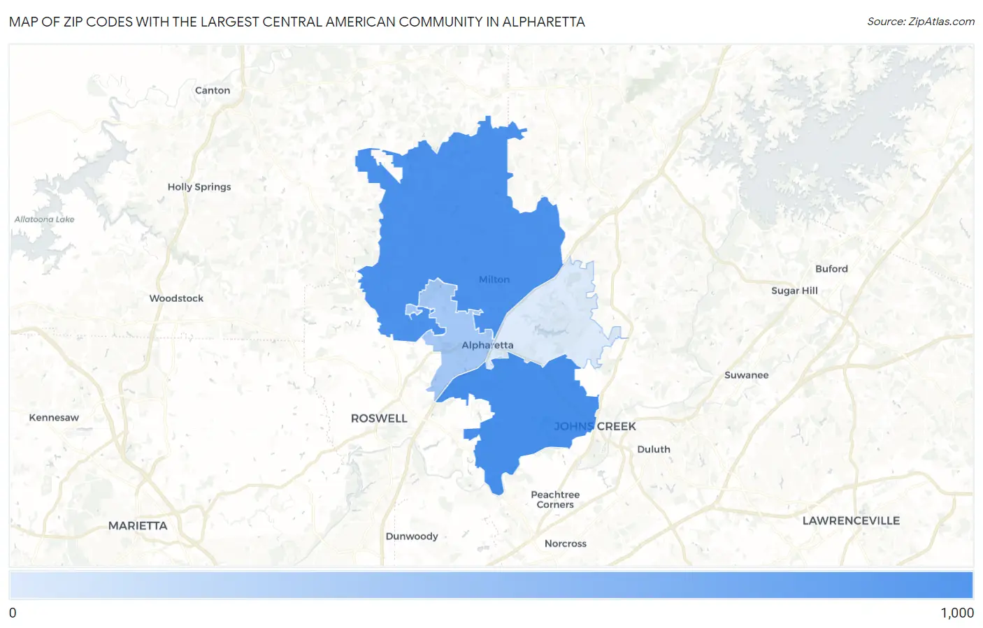 Zip Codes with the Largest Central American Community in Alpharetta Map