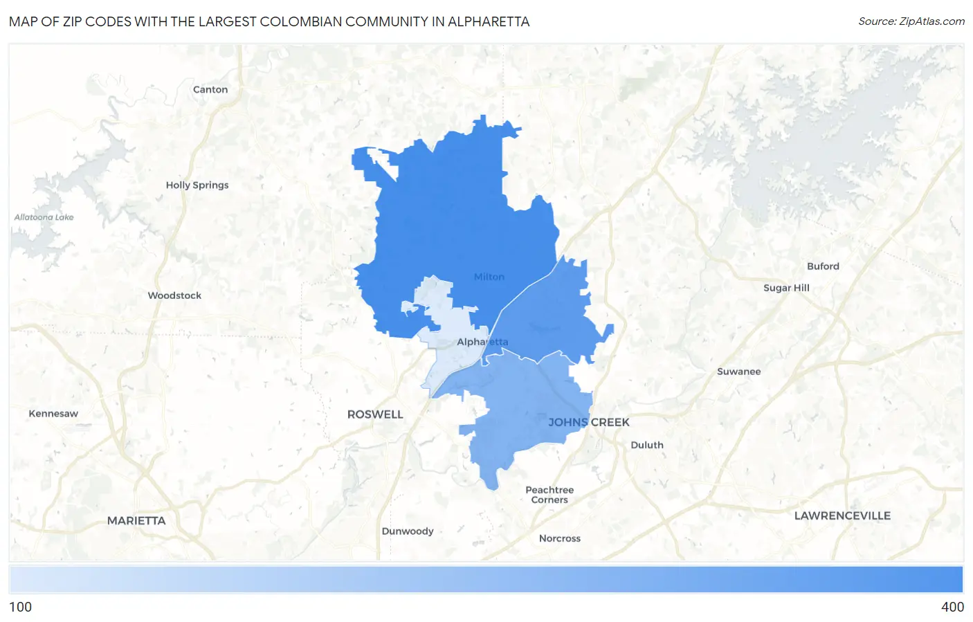 Zip Codes with the Largest Colombian Community in Alpharetta Map
