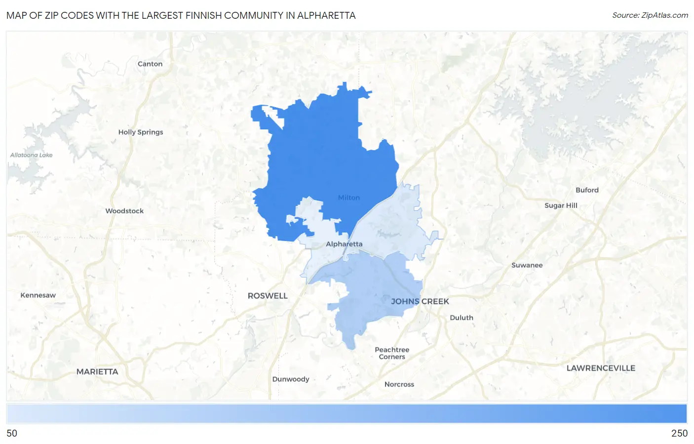 Zip Codes with the Largest Finnish Community in Alpharetta Map
