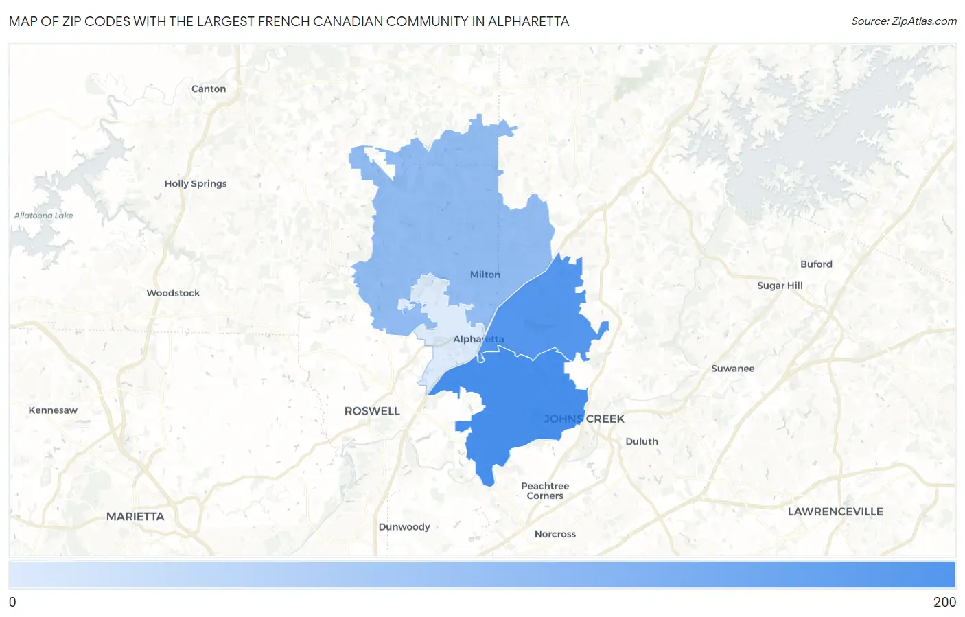 Zip Codes with the Largest French Canadian Community in Alpharetta Map