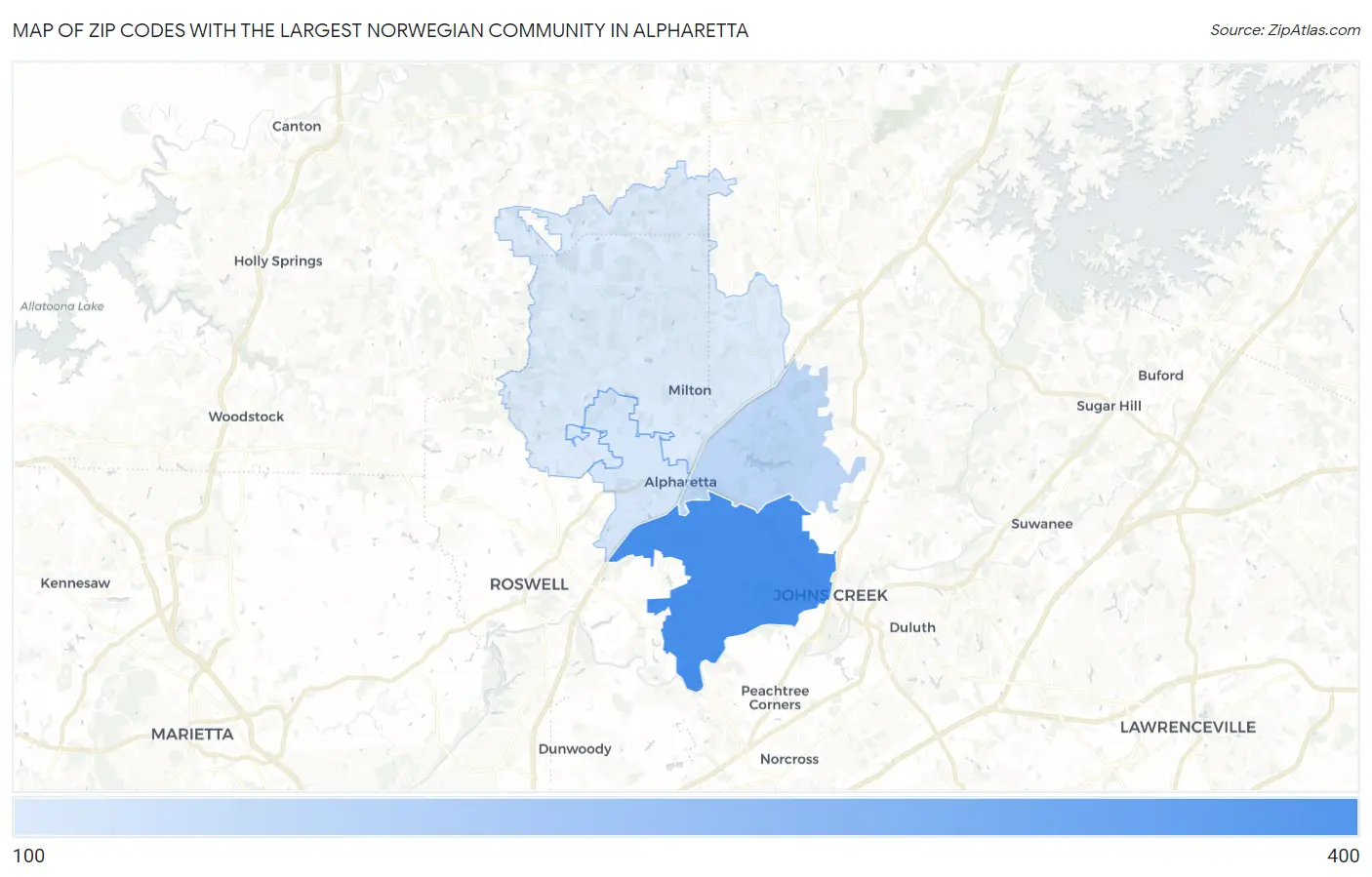 Zip Codes with the Largest Norwegian Community in Alpharetta Map