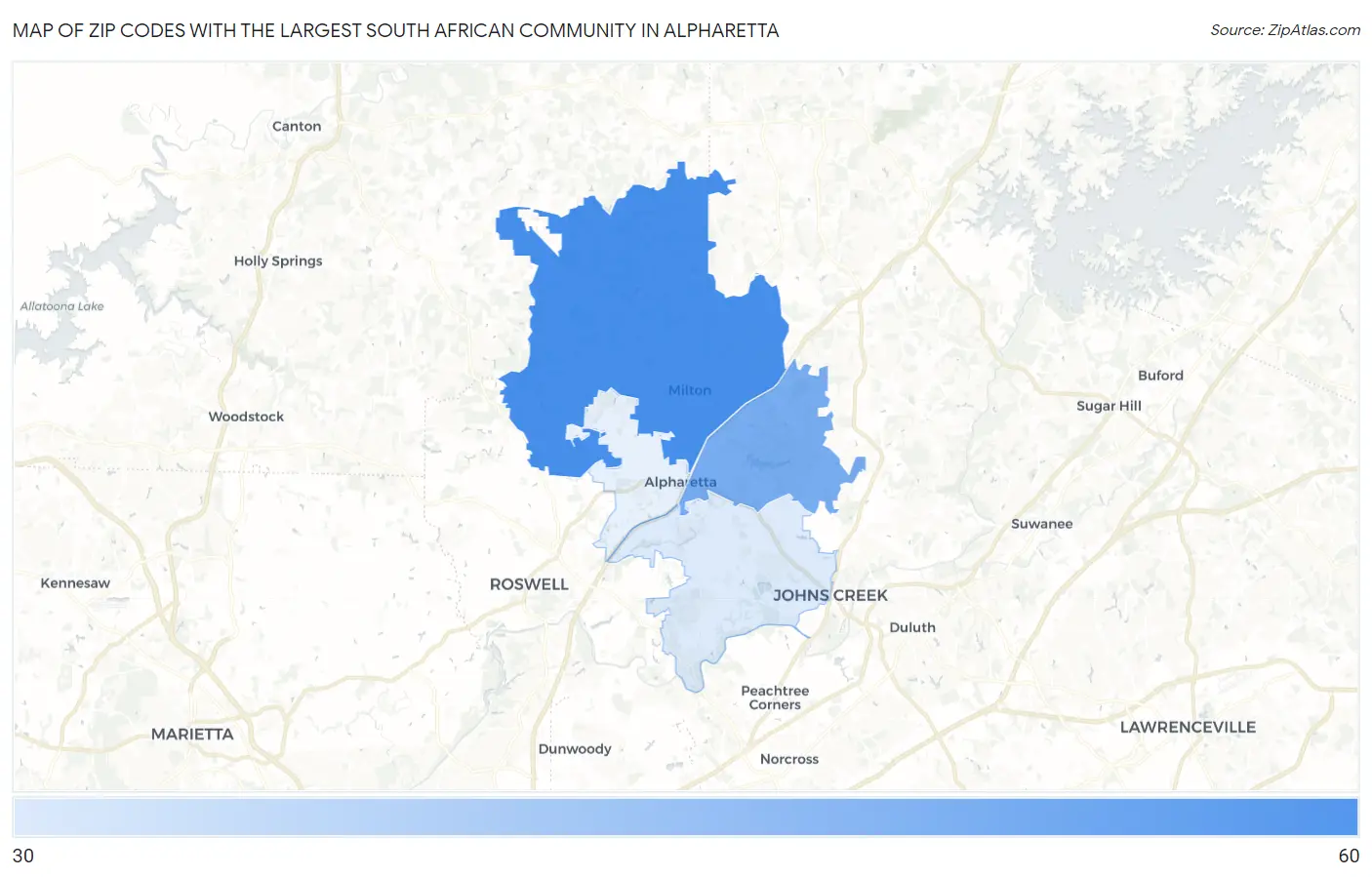 Zip Codes with the Largest South African Community in Alpharetta Map