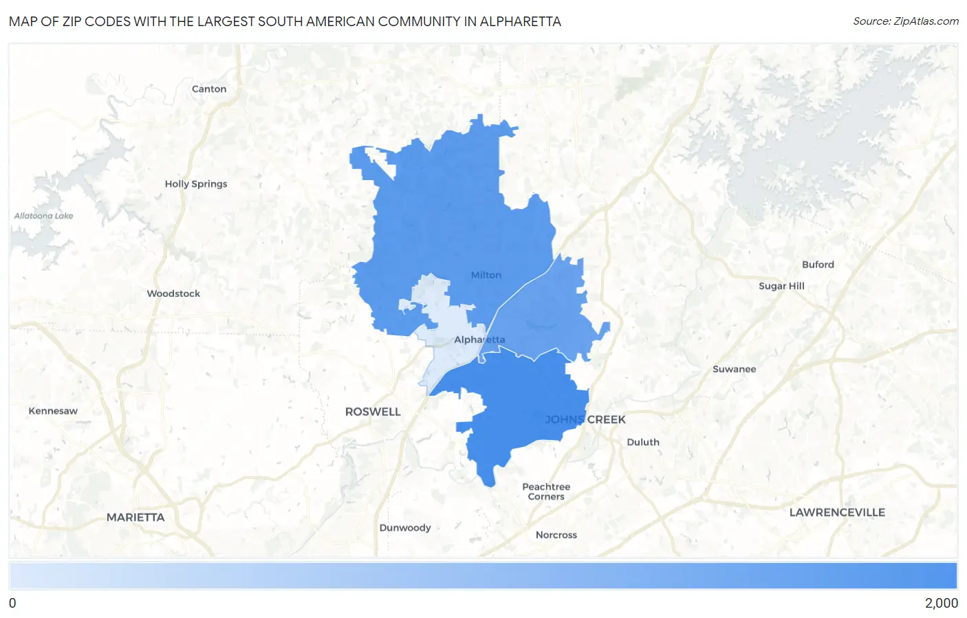 Zip Codes with the Largest South American Community in Alpharetta Map