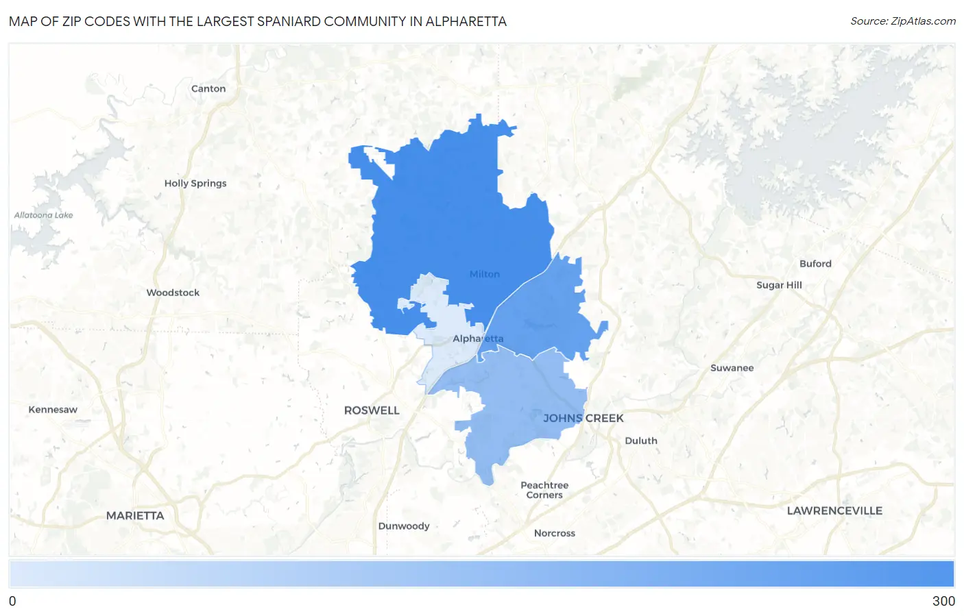 Zip Codes with the Largest Spaniard Community in Alpharetta Map