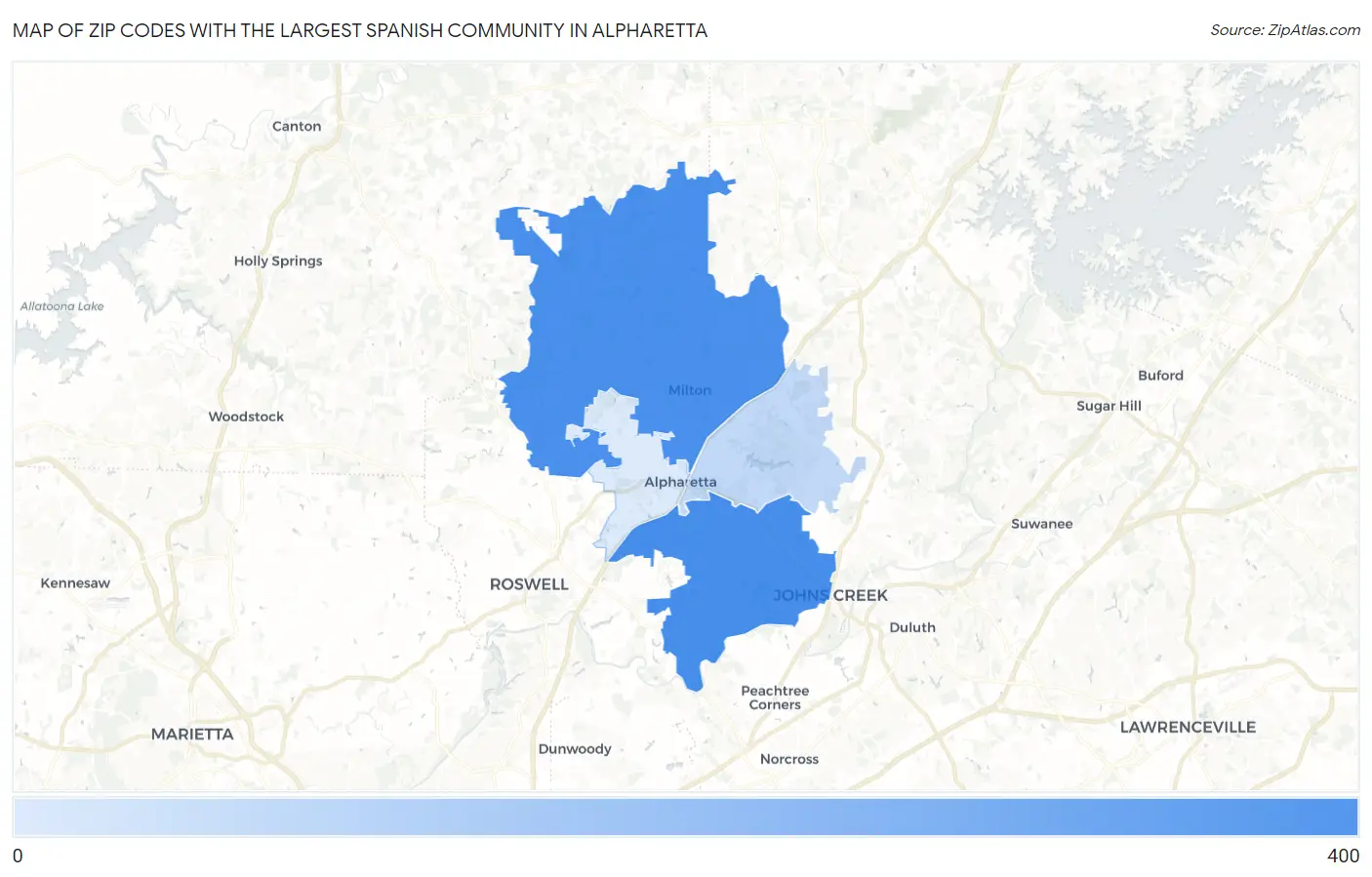 Zip Codes with the Largest Spanish Community in Alpharetta Map