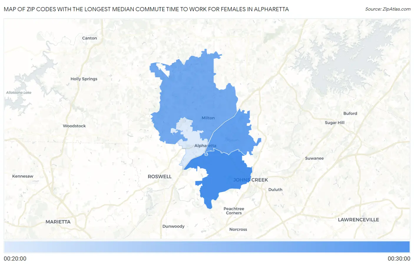 Zip Codes with the Longest Median Commute Time to Work for Females in Alpharetta Map