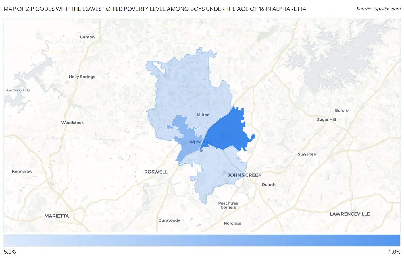Zip Codes with the Lowest Child Poverty Level Among Boys Under the Age of 16 in Alpharetta Map