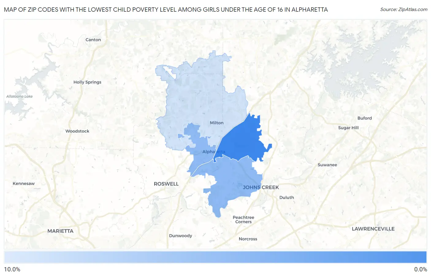 Zip Codes with the Lowest Child Poverty Level Among Girls Under the Age of 16 in Alpharetta Map