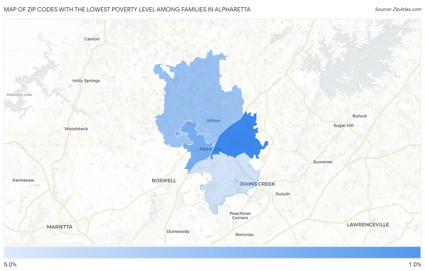 Zip Codes with the Lowest Poverty Level Among Families in Alpharetta Map