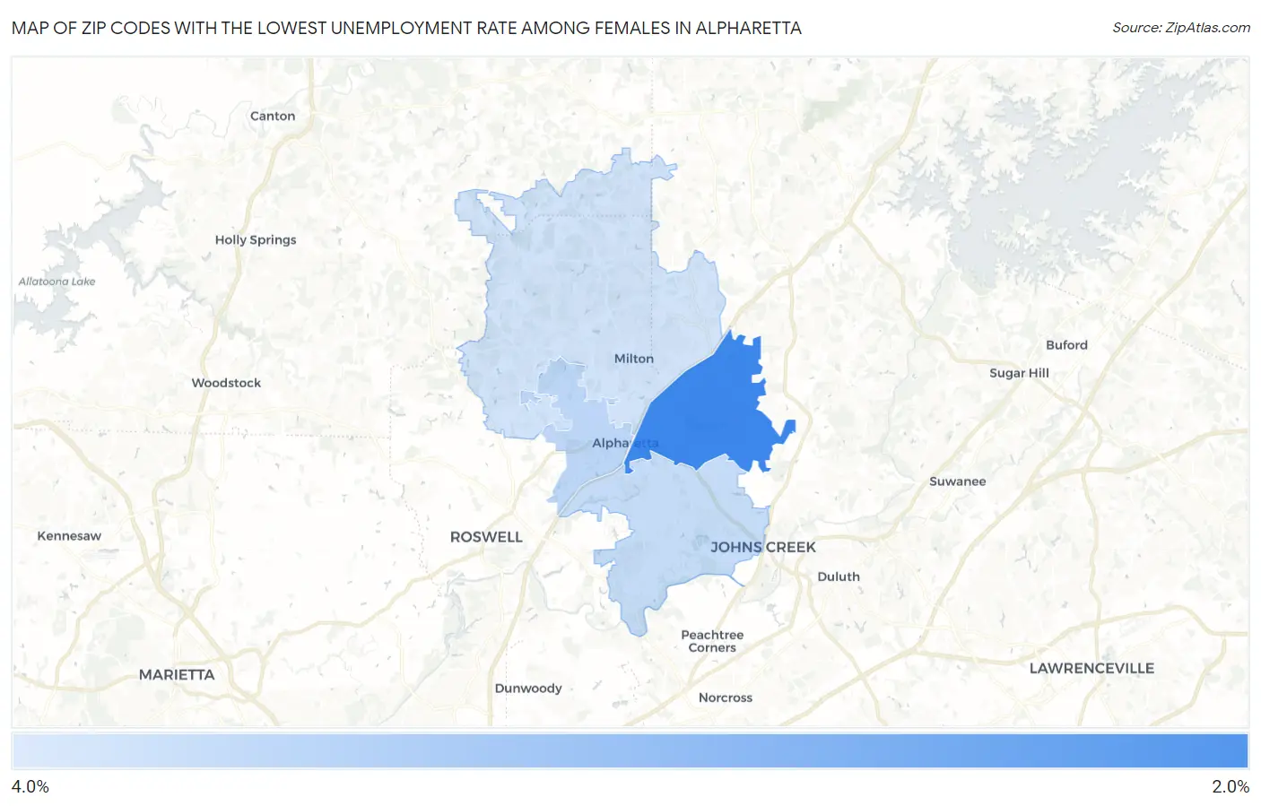Zip Codes with the Lowest Unemployment Rate Among Females in Alpharetta Map