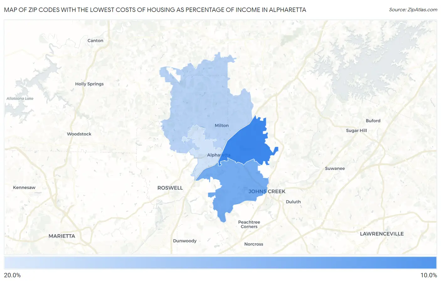 Zip Codes with the Lowest Costs of Housing as Percentage of Income in Alpharetta Map