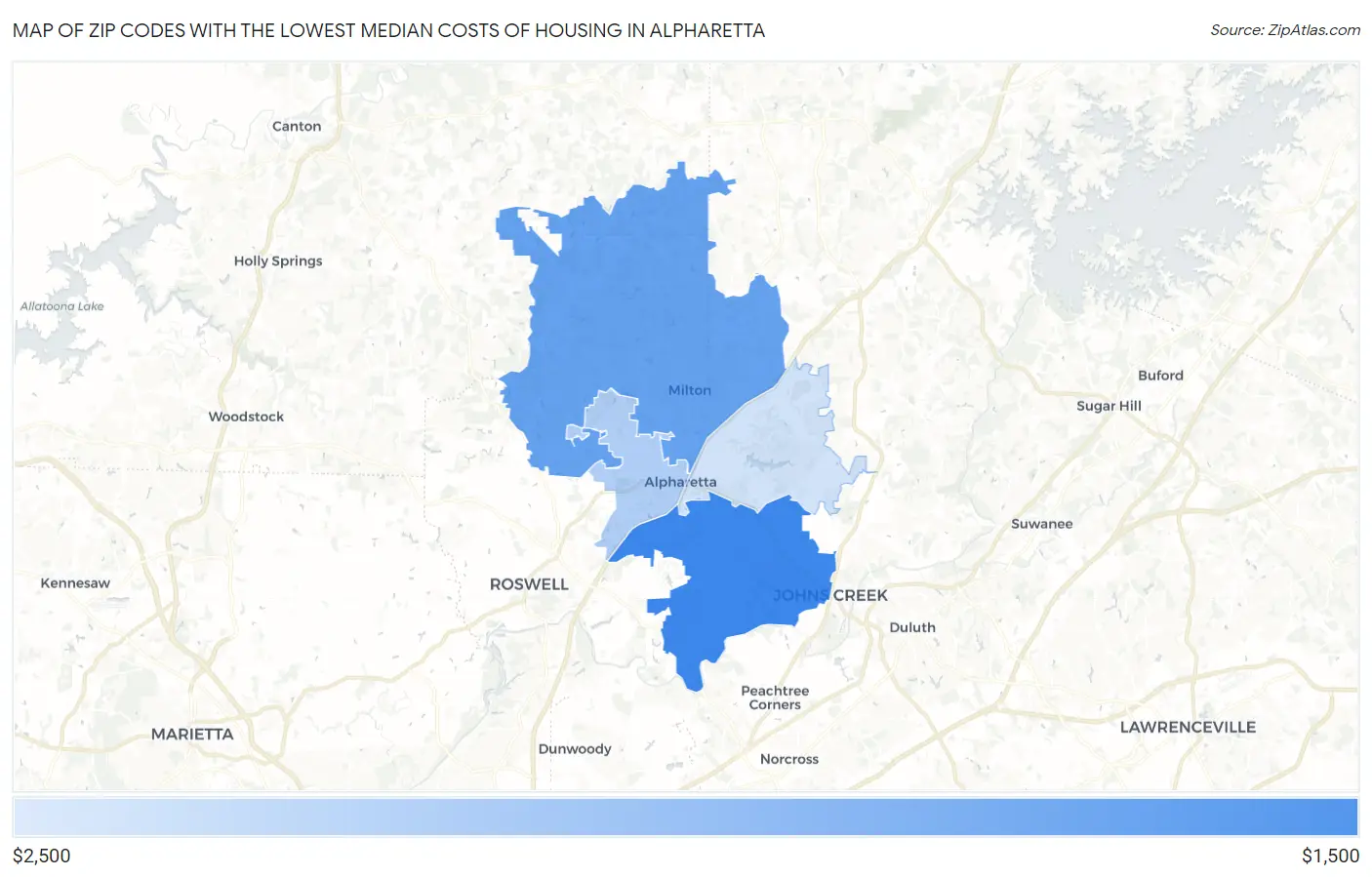 Zip Codes with the Lowest Median Costs of Housing in Alpharetta Map