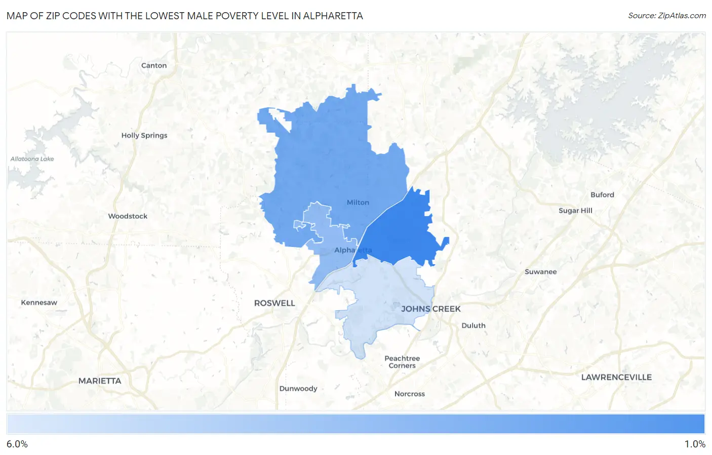 Zip Codes with the Lowest Male Poverty Level in Alpharetta Map