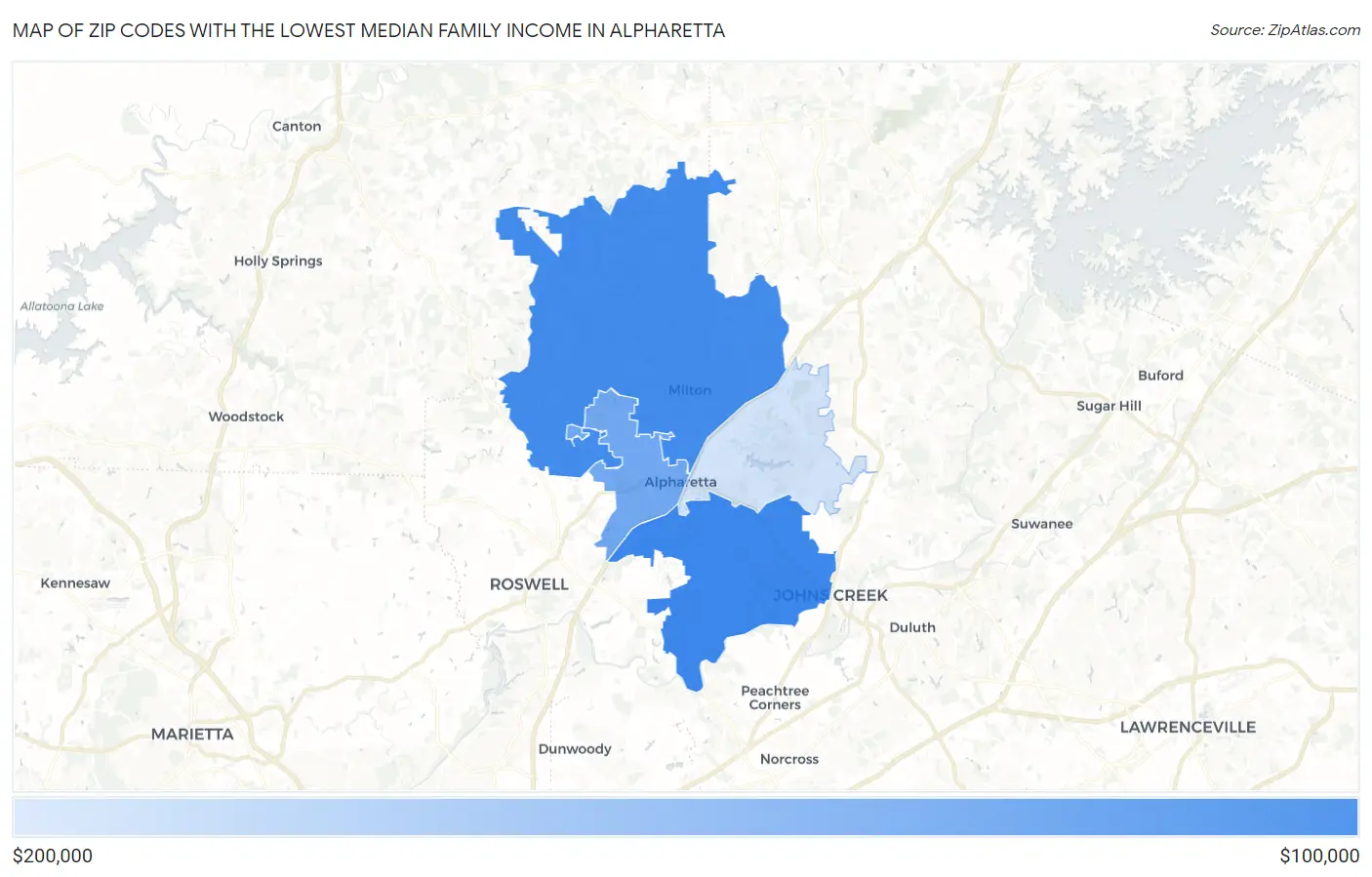 Zip Codes with the Lowest Median Family Income in Alpharetta Map