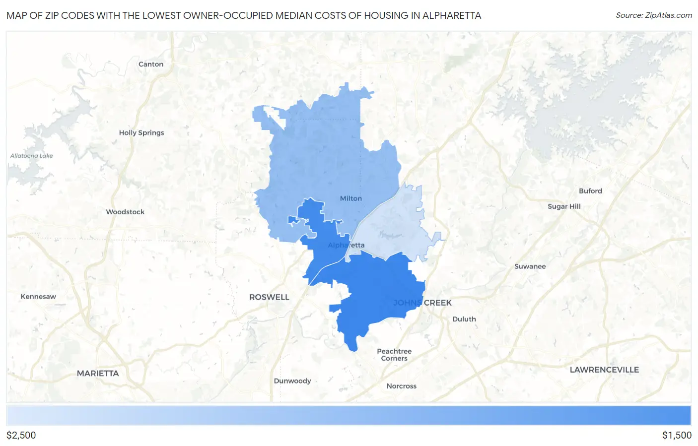Zip Codes with the Lowest Owner-Occupied Median Costs of Housing in Alpharetta Map