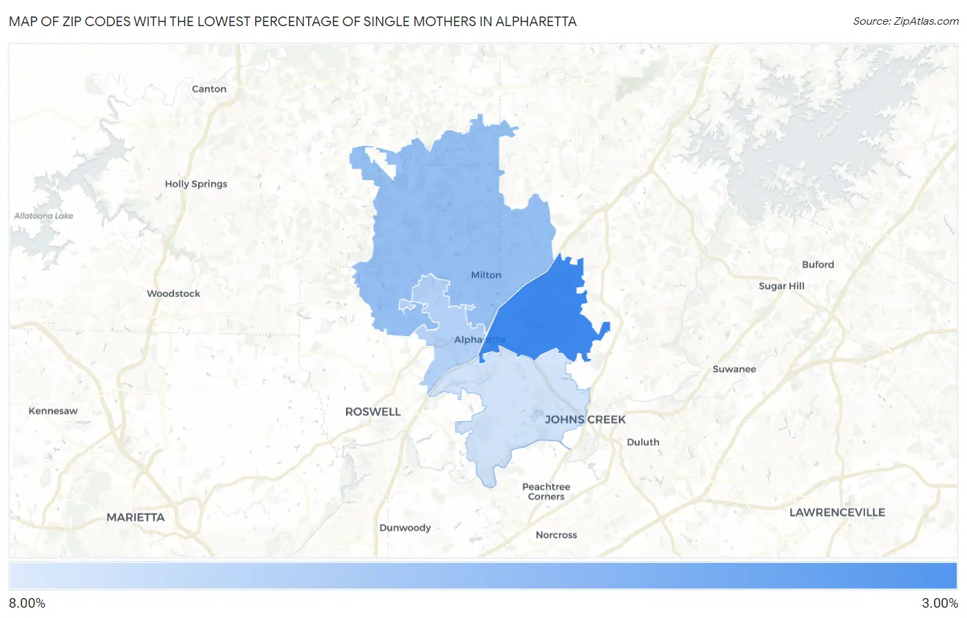 Zip Codes with the Lowest Percentage of Single Mothers in Alpharetta Map