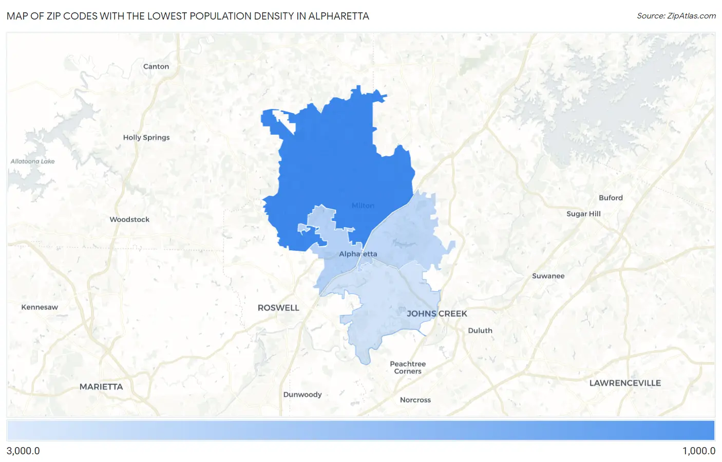 Zip Codes with the Lowest Population Density in Alpharetta Map