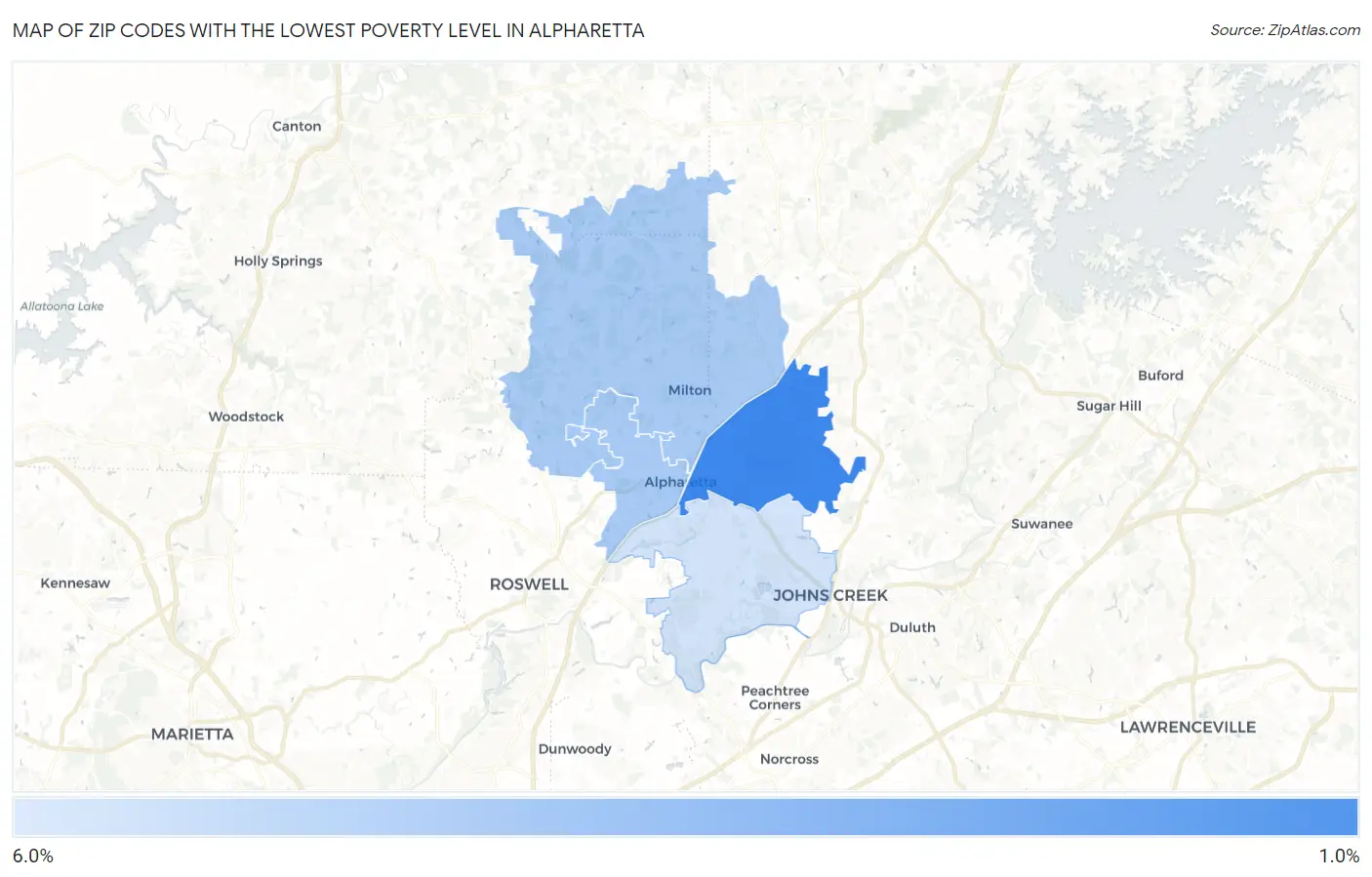 Zip Codes with the Lowest Poverty Level in Alpharetta Map