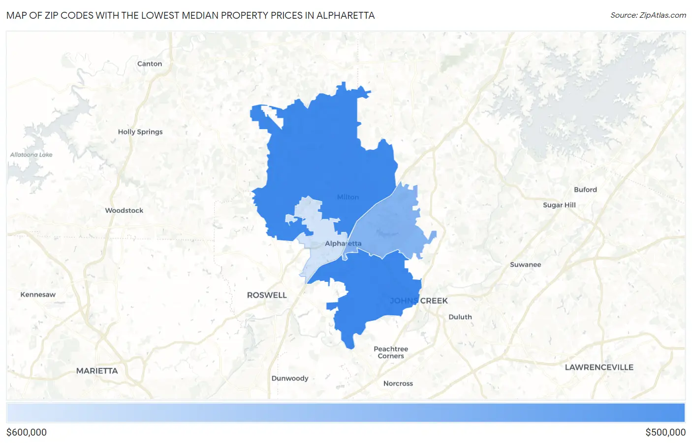 Zip Codes with the Lowest Median Property Prices in Alpharetta Map