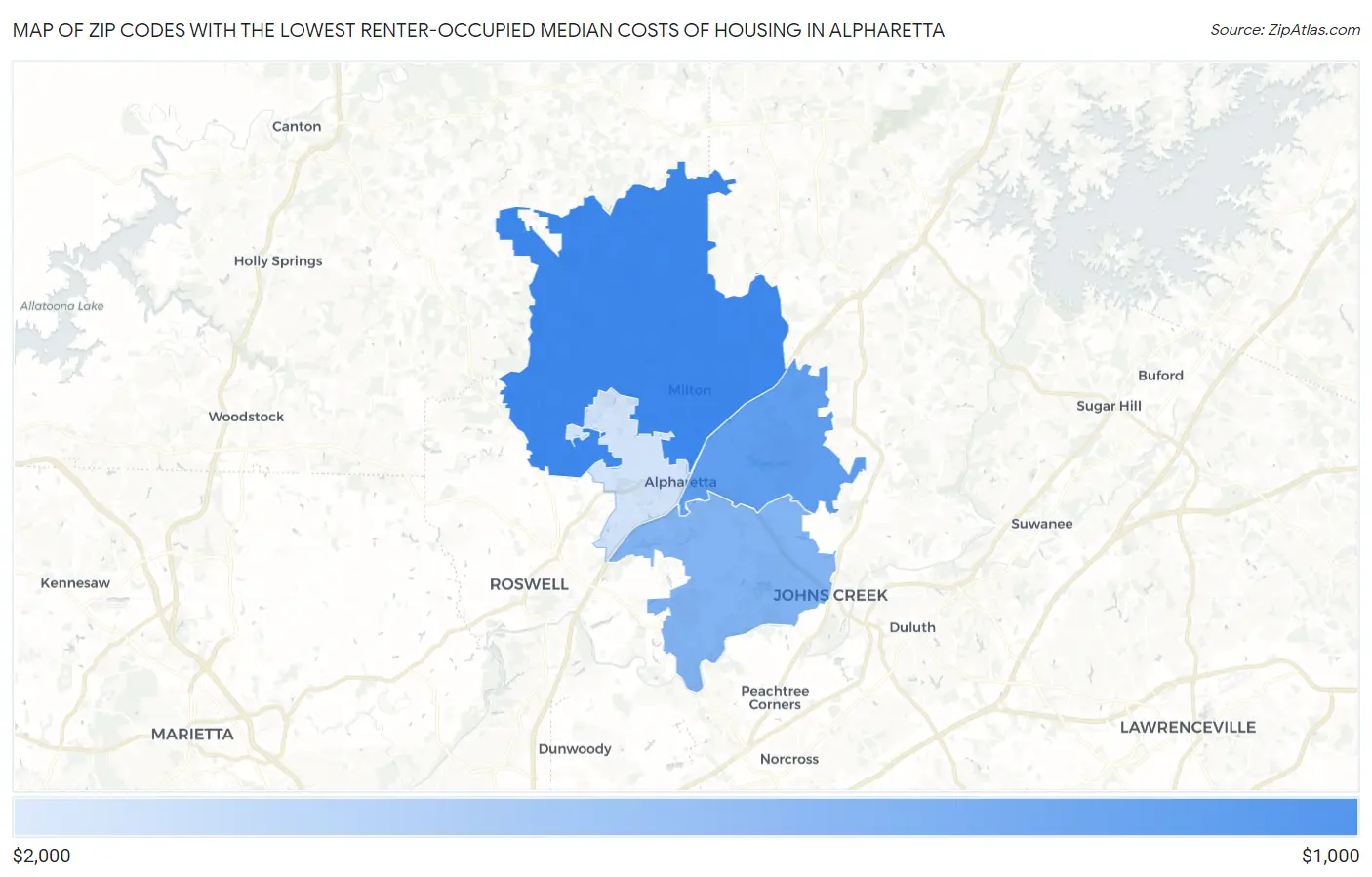 Zip Codes with the Lowest Renter-Occupied Median Costs of Housing in Alpharetta Map