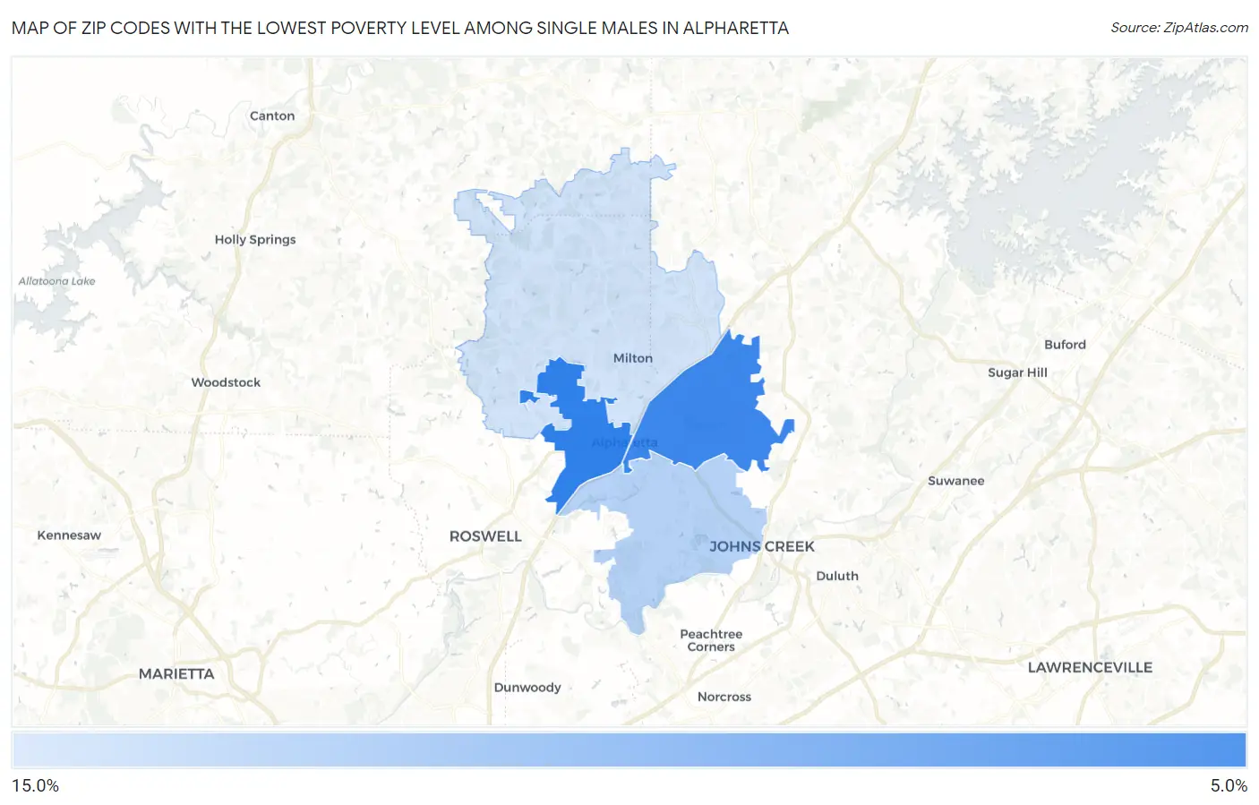 Zip Codes with the Lowest Poverty Level Among Single Males in Alpharetta Map
