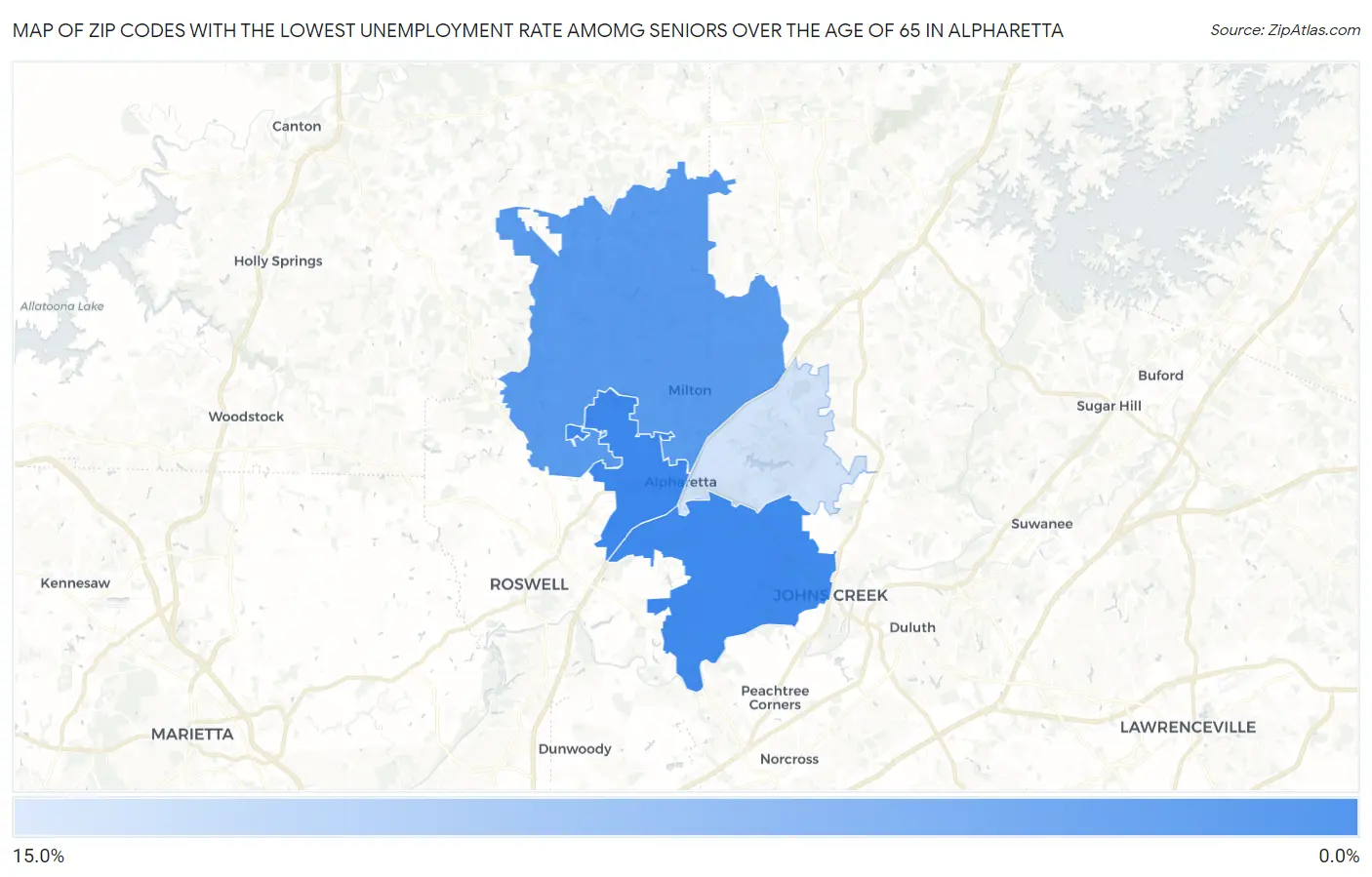 Zip Codes with the Lowest Unemployment Rate Amomg Seniors Over the Age of 65 in Alpharetta Map