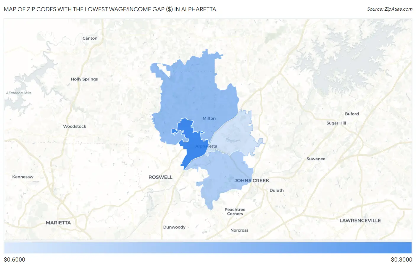 Zip Codes with the Lowest Wage/Income Gap ($) in Alpharetta Map