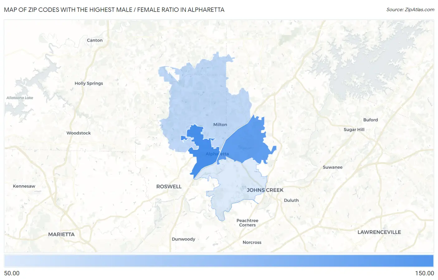 Zip Codes with the Highest Male / Female Ratio in Alpharetta Map